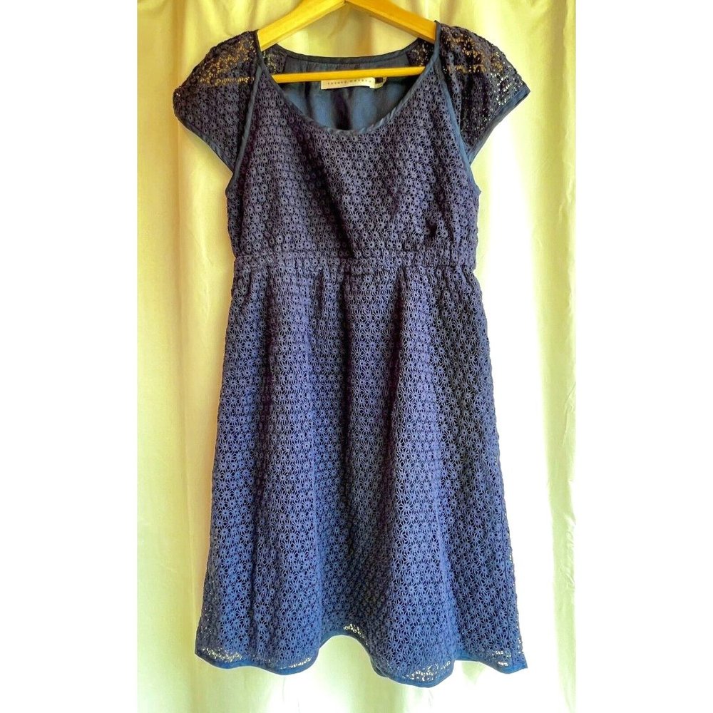 Susana Monaco Crochet Overlay Mini Dress Blue Floral ShortSleeve Showroom Sample